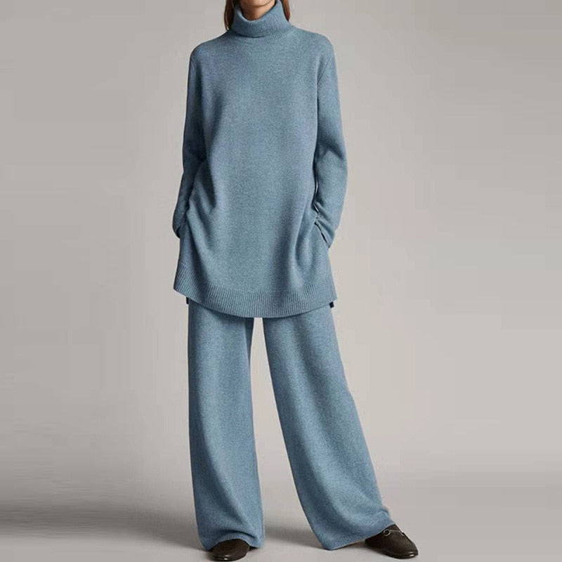 Women's Knit Lounge Set – Soft Turtleneck and Flared Pants Style