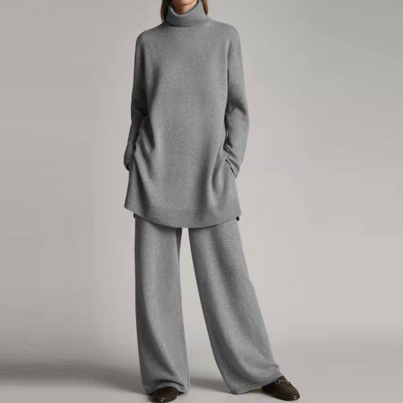 Women's Knit Lounge Set – Soft Turtleneck and Flared Pants Style
