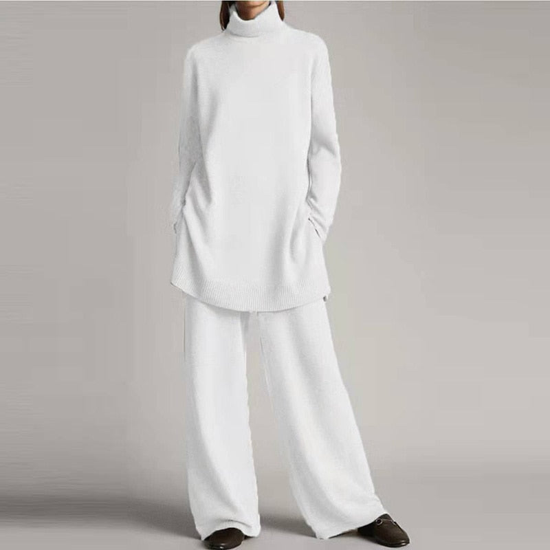Women's Knit Lounge Set – Soft Turtleneck and Flared Pants Style