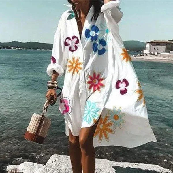 Women's White Flowy Shirt Dress – Trendy Lightweight Casual Chic