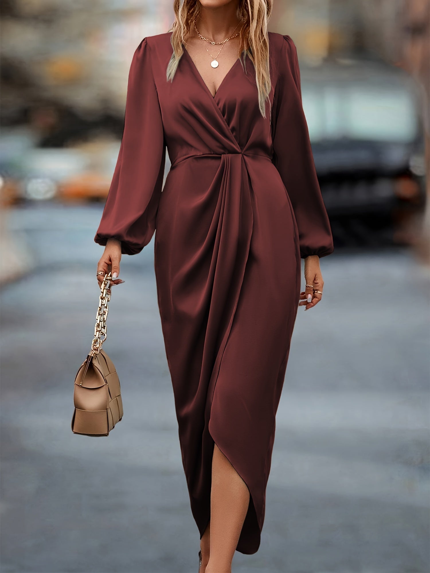Women's Satin Balloon Sleeve Midi Dress – Asymmetric Hem Elegant Evening Gown