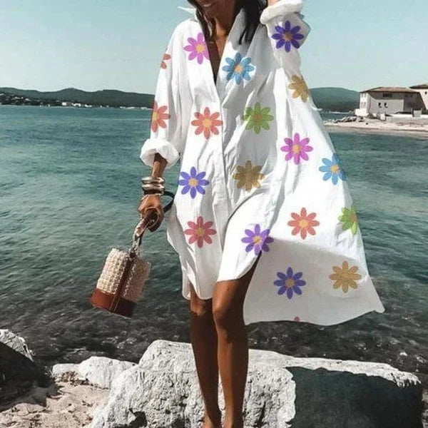 Women's White Flowy Shirt Dress – Trendy Lightweight Casual Chic