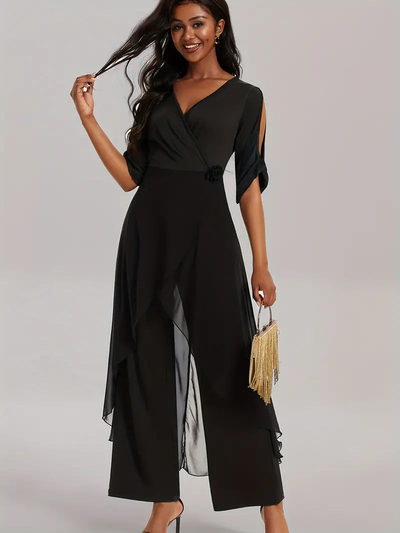Women's Asymmetrical Hem Jumpsuit – Elegant V-Neck Occasion Style