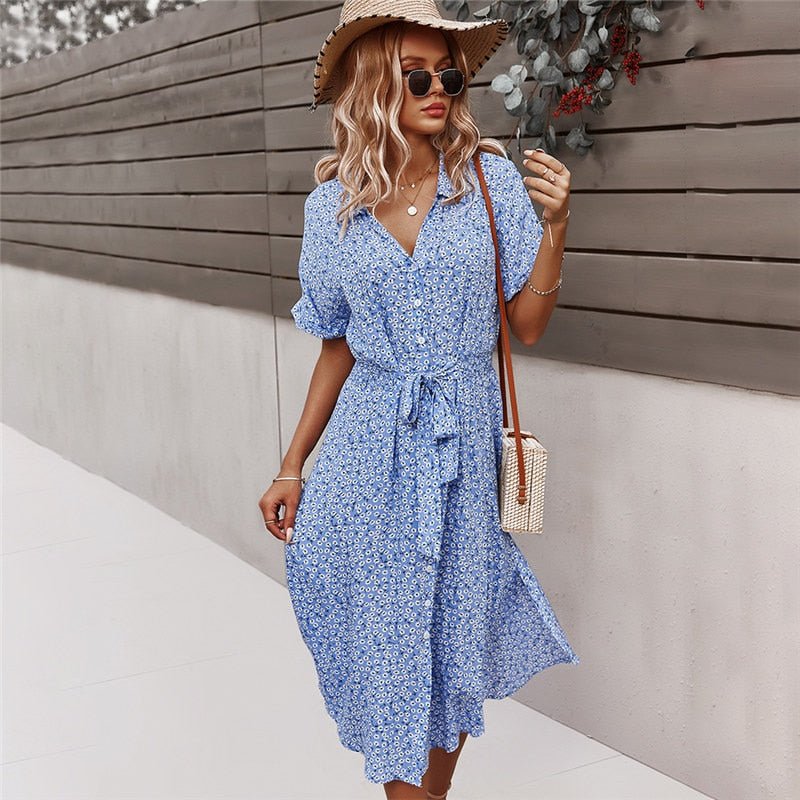 Women's Floral Midi Dress – Button-Front Tie-Waist Casual Summer