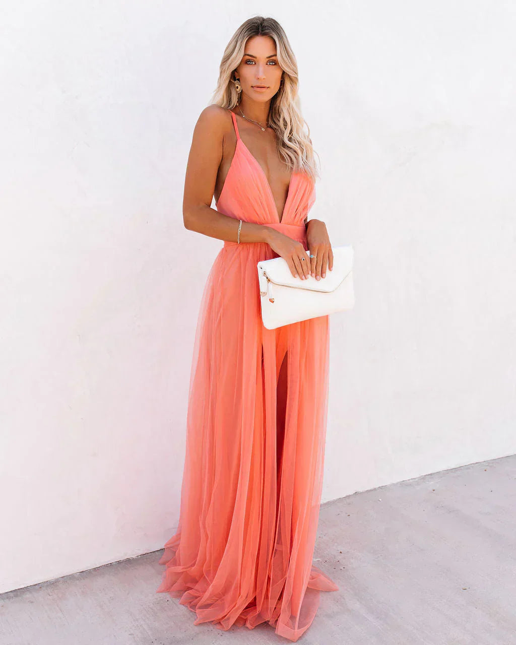 Women's Orange V-Neck Flared Wedding Guest Dress – Elegant Luxe Style