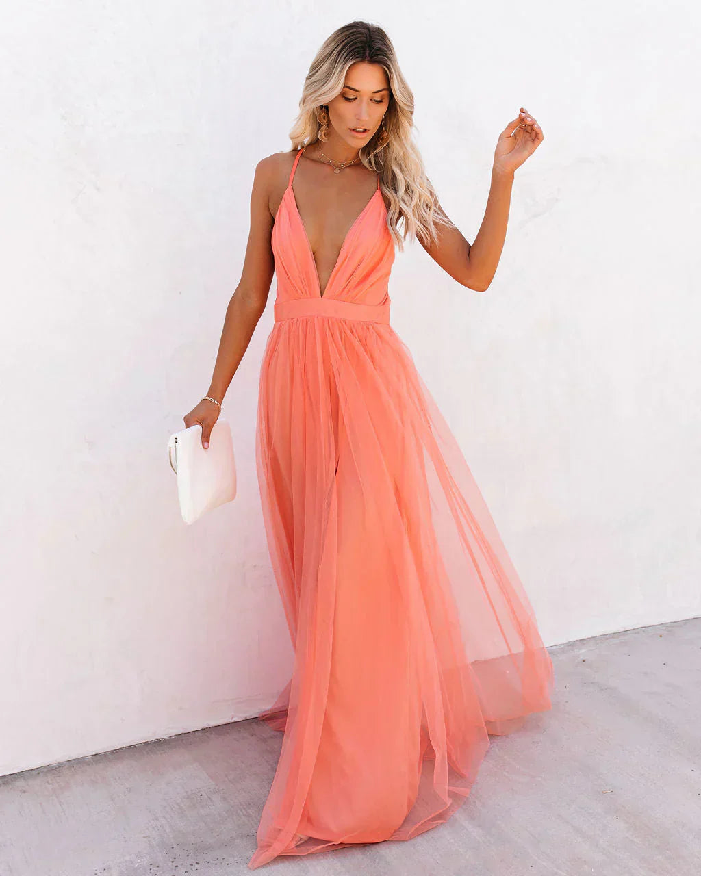Women's Orange V-Neck Flared Wedding Guest Dress – Elegant Luxe Style